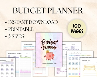 May include: A printable budget planner with 100 pages. The cover features a rainbow background with a piggy bank and the text "Budget Planner". The pages include sections for weekly budget, sinking fund tracker, no spending tracker, and saving jar.
