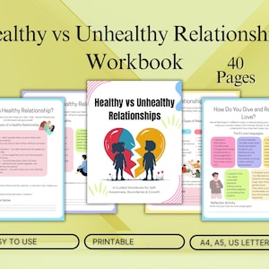 Può includere: Un quaderno di lavoro intitolato "Relazioni sane vs. malsane" con 40 pagine. La copertina presenta un cuore spezzato con due figure silhouette. Pagine aggiuntive dettagliano i tipi di relazione e la consapevolezza di sé. Il quaderno è facile da usare e stampabile.