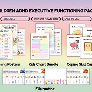May include: A digital ADHD executive functioning pack for children featuring printable charts, habit trackers, calming posters, coping skill cards, and flip routines. The collection includes colourful illustrations, text labels, and structured grids for daily organisation.