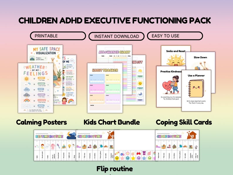 Printable ADHD executive functioning pack with behavior charts and coping skills cards.