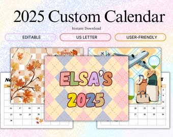 May include: A printable 2025 calendar template with a customizable cover featuring a pink, yellow, and blue plaid pattern with the text "ELSA'S 2025". The calendar is editable and printable in US Letter size.