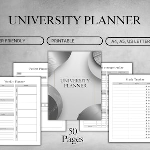 Könnte beinhalten: Ein graustufiger Universitätsplaner mit dem Titel "UNIVERSITY PLANNER" oben. Der Planer enthält Abschnitte für Wochenplanung, Projektplanung und Studienverfolgung. Der Planer ist mit "USER FRIENDLY", "PRINTABLE" gekennzeichnet und in den Formaten A4, A5 und US Letter erhältlich. Er enthält 50 Seiten.