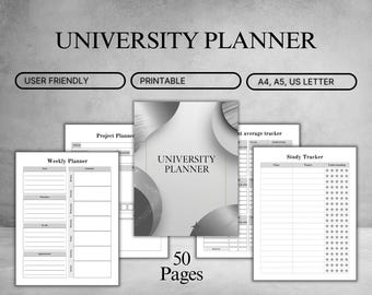 Puede incluir: Un planificador universitario en escala de grises con el título "UNIVERSITY PLANNER" en la parte superior. El planificador incluye secciones para la planificación semanal, la planificación de proyectos y el seguimiento del estudio. El planificador está etiquetado como "USER FRIENDLY", "PRINTABLE" y disponible en tamaños A4, A5 y US Letter. Contiene 50 páginas.
