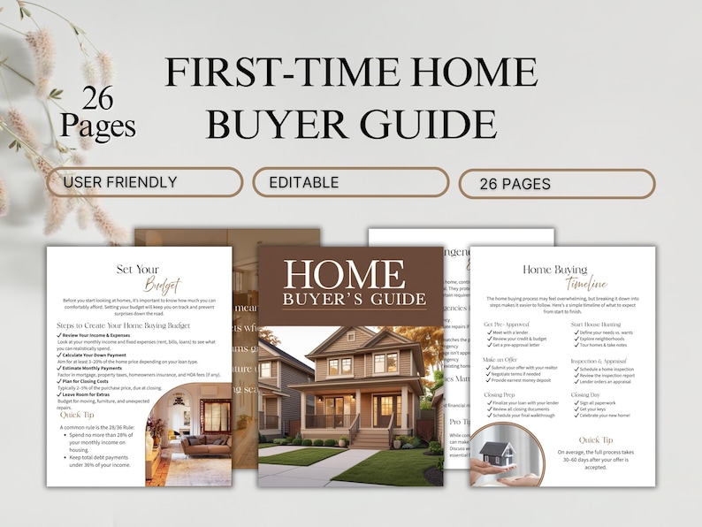 May include: A digital guide titled "FIRST-TIME HOME BUYER GUIDE" with the text "26 Pages" and "User Friendly" and "Editable". The guide includes pages with information on budgeting, home buying timelines, and creating a home buying budget.