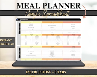 Weekly meal planner google sheets, Daily Meal Planner Spreadsheet , Digital Meal Planner with Grocery List, Shopping List, Food Prep