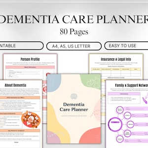 Dementia care planner printable showing cover page and sample pages including person profile, medical history, and caregiver tools