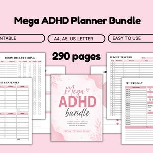 May include: A digital planner bundle with 290 pages featuring a pink and white colour scheme. The collection includes templates for room decluttering, income and expenses, budget tracking, and daily schedules with sections for meals and to-do lists.