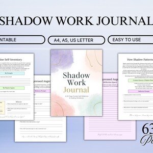 May include: A printable "Shadow Work Journal" with a soft watercolor cover. The journal includes pages for self-reflection and healing, with prompts for self-inventory, reflection, and understanding shadow patterns. The journal is 63 pages.