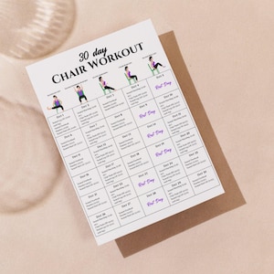 May include: A printable 30-day chair workout plan with illustrations of different exercises. The plan includes rest days.