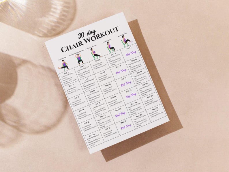 May include: A printable 30-day chair workout plan with illustrations of different exercises. The plan includes rest days.