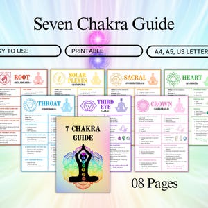 May include: A guide titled "Seven Chakra Guide" with detailed information on each chakra, including Root, Sacral, Solar Plexus, Heart, Throat, Third Eye, and Crown. The guide is printable and available in A4, A5, and US Letter sizes. The guide is 8 pages.