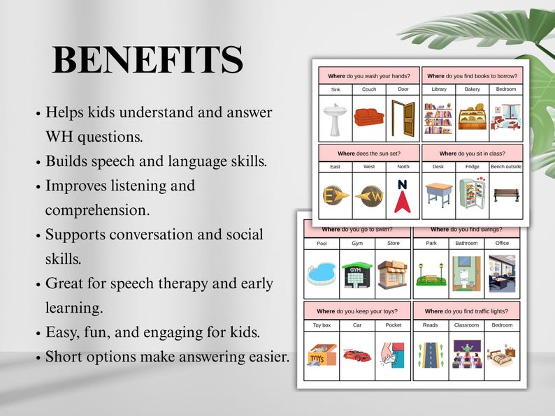 Puede incluir: Tarjetas educativas con ilustraciones y texto, dise&ntilde;adas para ayudar a los ni&ntilde;os a responder preguntas de 'd&oacute;nde'. Las tarjetas presentan im&aacute;genes de objetos y lugares cotidianos, promoviendo las habilidades del habla y del lenguaje. La palabra "BENEFITS" est&aacute; en la parte superior de la imagen.