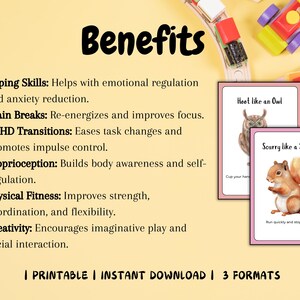 K&ouml;nnte beinhalten: Ein Satz druckbarer Karten mit Illustrationen einer Eule und eines Eichh&ouml;rnchens. Die Karten enthalten Text, der "Hoot like an Owl" und "Scurry like a Squirrel" lautet. Der Text "Benefits" befindet sich oben auf dem Bild, gefolgt von einer Liste von Vorteilen, darunter "Coping Skills", "Brain Breaks", "ADHD Transitions", "Proprioception", "Physical Fitness" und "Creativity". Der Text "| PRINTABLE | INSTANT DOWNLOAD | 3 FORMATS" befindet sich unten auf dem Bild.