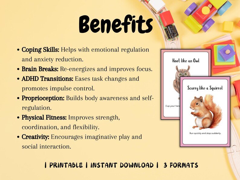 K&ouml;nnte beinhalten: Ein Satz druckbarer Karten mit Illustrationen einer Eule und eines Eichh&ouml;rnchens. Die Karten enthalten Text, der "Hoot like an Owl" und "Scurry like a Squirrel" lautet. Der Text "Benefits" befindet sich oben auf dem Bild, gefolgt von einer Liste von Vorteilen, darunter "Coping Skills", "Brain Breaks", "ADHD Transitions", "Proprioception", "Physical Fitness" und "Creativity". Der Text "| PRINTABLE | INSTANT DOWNLOAD | 3 FORMATS" befindet sich unten auf dem Bild.
