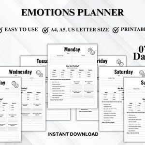 Può includere: Pianificatore di emozioni stampabile di 7 giorni con un design in bianco e nero. Ogni giorno include sezioni per tenere traccia dell'umore, delle pratiche di auto-cura e dei pensieri. Il pianificatore è etichettato come "Emotions Planner" e "Download istantaneo".