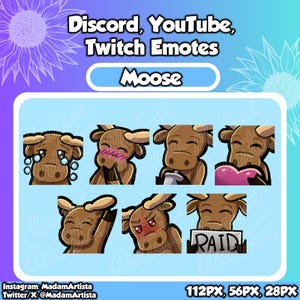 May include: Set of six brown cartoon moose emoticons with different expressions, including crying, blushing, holding a syringe, holding a heart, pointing, and holding a sign that says "RAID".