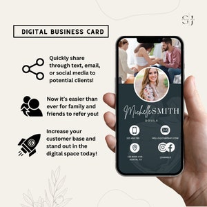 May include: A digital business card for a Doula named Michelle Smith. The card features a photo of Michelle, her contact information, and social media icons. The card is designed to be shared easily through text, email, or social media.