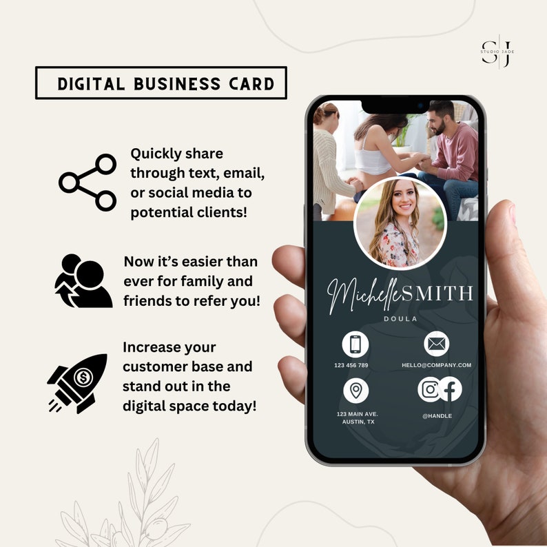 May include: A digital business card for a Doula named Michelle Smith. The card features a photo of Michelle, her contact information, and social media icons. The card is designed to be shared easily through text, email, or social media.