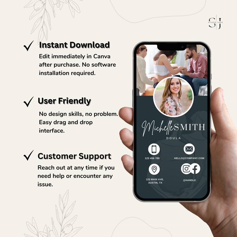 May include: A digital mockup of a mobile phone displaying a dark blue and white business card template for a doula. The template features a photo of a woman, the text "Michelle SMITH DOULA", contact information, and social media icons.