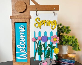 Benvenuto primavera, cartello postale intercambiabile, allegati postali, cartello della fattoria da tavolo, arredamento stagionale, regalo di inaugurazione della casa, arredamento in legno, primavera