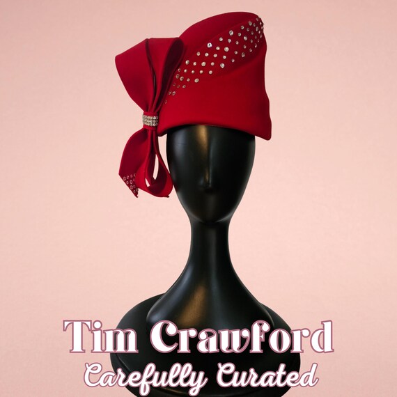 Tim Crawford Red Pillbox Hat with Bow, Asymmetrical Church Hat, Kentucky Derby Hat, Wedding Guest Hat, Tea Party Fascinator