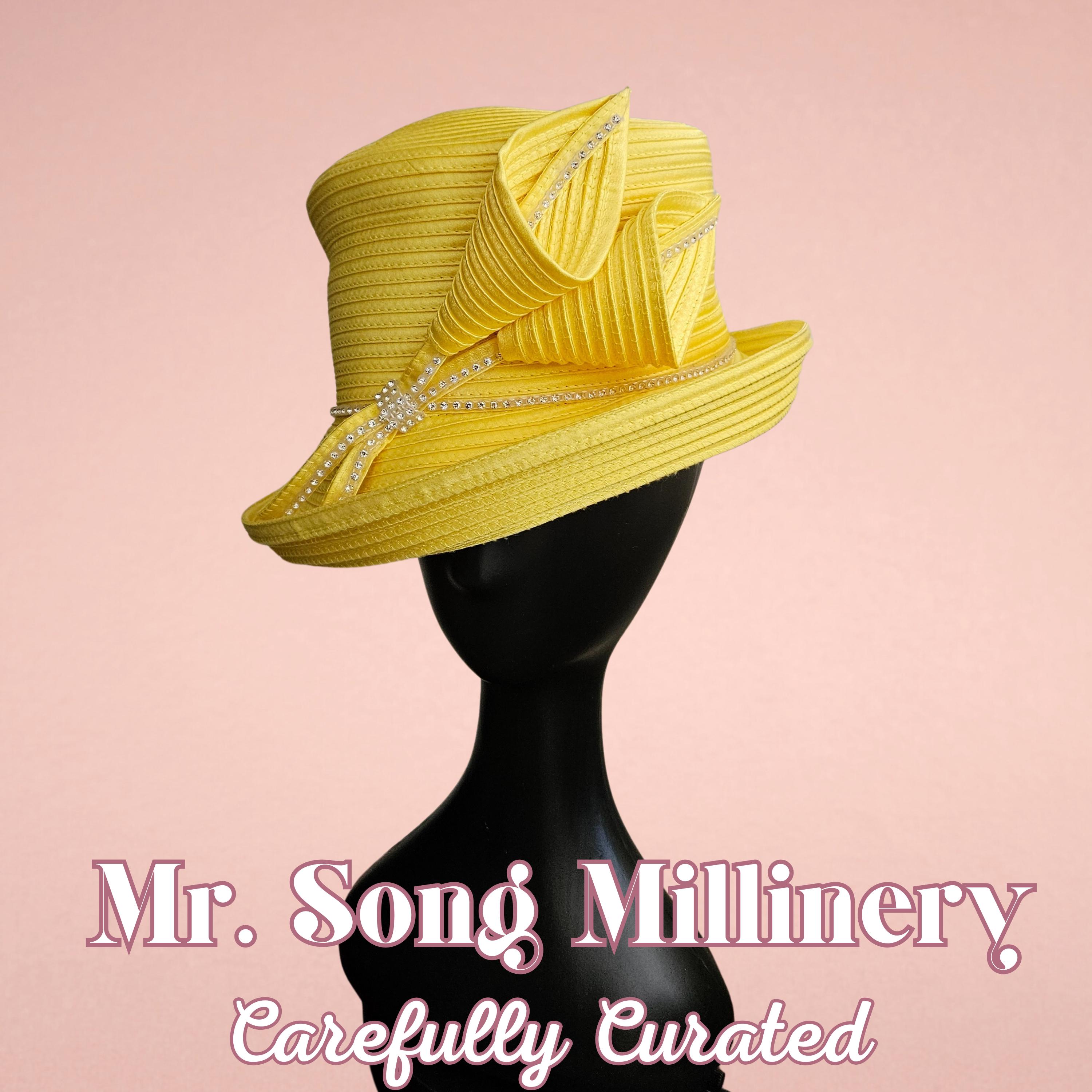 MR. SONG MILLINERY lime green stunning hat. Adjustable inside Vintage Navy Blue Brim Hat, Rhinestone Trim, Mr. Song  main image 2