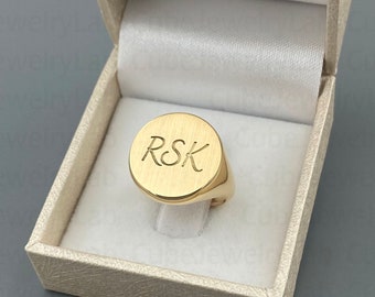 14k Real Solid Gold Circle Signet Ring, Personalized Ring, Engraved Ring, Monogram Ring, Initial Signet Ring, Signet Ring For Men, Women