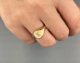 14k 18k Real Solid Gold Circle Signet Ring, Personalized Signet Ring, Engraved Ring, Monogram Ring, Initial Signet Ring For Men, Women