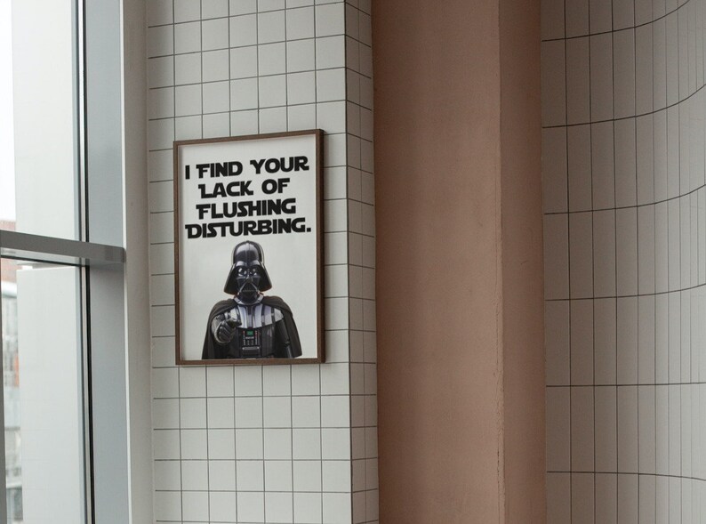 May include: A framed poster with a black and white image of Darth Vader from Star Wars. The poster says "I find your lack of flushing disturbing."