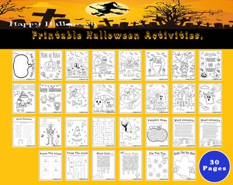 30 druckbare Halloween-Kinderaktivitäten: Malseiten & Wortsuche (Bundle)