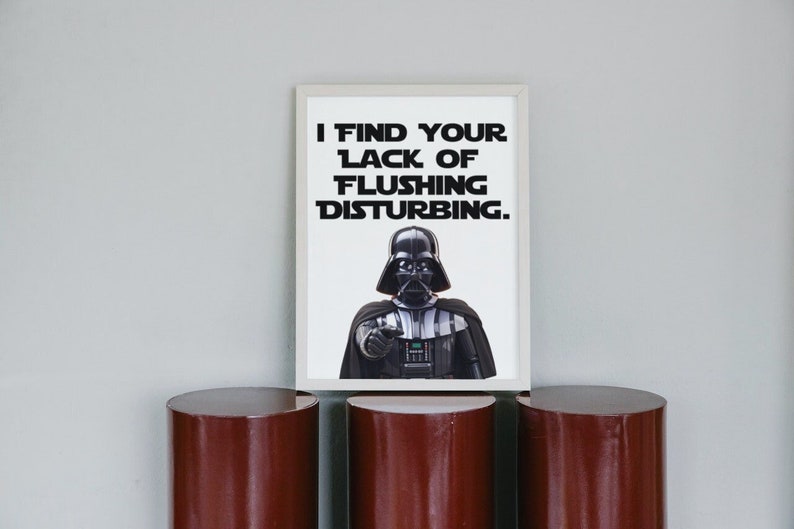 May include: A white framed print with a black and white image of Darth Vader. The text on the print reads "I find your lack of flushing disturbing."