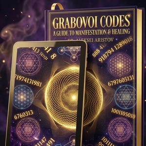 Könnte beinhalten: Ein Buch und ein Tablet zeigen den Titel "GRABOVOI CODES: A Guide to Manifestation & Healing" von Dr. Aleksei Aristov. Das Buch ist lila mit goldenen Buchstaben. Das Tablet und das Buch zeigen geometrische Designs und Zahlenfolgen.