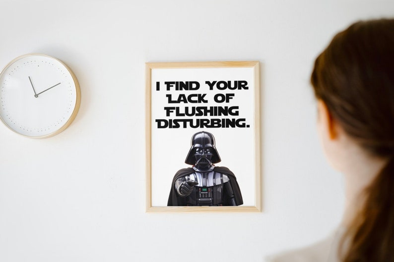May include: A framed print with a black and white image of Darth Vader from Star Wars. The text on the print reads "I find your lack of flushing disturbing."