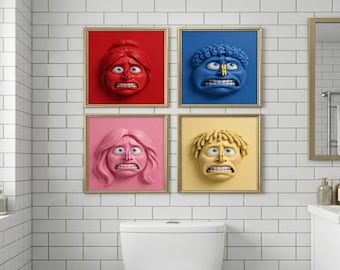 Funny Bathroom Wall Art Set, Stinky Face Pop Art Prints (PDF Download)