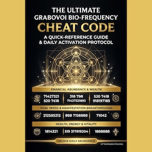 Peut inclure: Une affiche informative noire et dorée intitulée THE ULTIMATE GRABOVOI BIO-FREQUENCY CHEAT CODE. Elle présente un motif géométrique en étoile et liste des séquences numériques classées par Abondance Financière, Vitesse d'Objectif et Vitalité.
