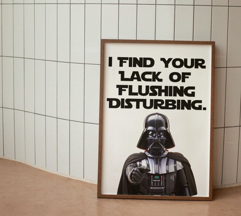May include: A framed poster with a black and white image of Darth Vader from Star Wars. The poster has the text "I find your lack of flushing disturbing."