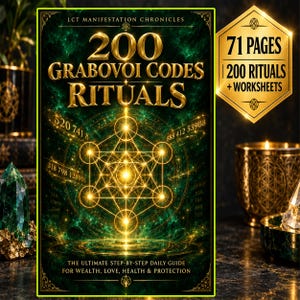 Op de afbeelding: Een rechthoekige boekomslag met de titel LCT Manifestation Chronicles 200 Grabovoi Codes Rituals. De donkergroene achtergrond bevat een gloeiende gouden Metatron-kubus, numerieke reeksen en de tekst 71 Pages, 200 Rituals + Worksheets.