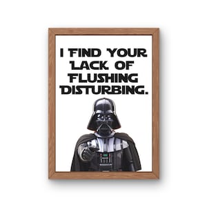 May include: A framed print featuring Darth Vader from Star Wars, pointing his finger and saying "I find your lack of flushing disturbing."