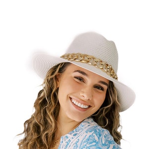 SOLEORO Chic Wide Brim Panama Fedora Sun Hat with Gold Chain Accessory, Vacation, Bachelorette