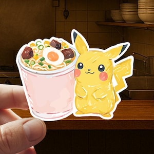 Pika Ramen Sticker – Cute Kawaii Vinyl Decal (6.01x4.73 cm) – Anime-Inspired Noodle Cup, Japanese Food Sticker, Poke Fan Gift