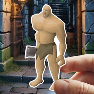 Pode incluir: Recorte de papel de uma figura musculosa segurando uma faca, contra um fundo de arco de pedra. A figura é bronzeada com um tapa-sexo. O fundo apresenta um caminho de pedra, um arco e escadas, com uma tocha na parede.