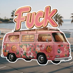 Vintage Pink VW Bus Sticker - Retro Van Decal (7.54x6.4cm)