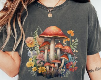 Botanical Mushroom Shirt - Cottagecore Fairycore Tee - Relaxed Fit, Double Needle Stitching, Earthy Tones, Soft Cotton