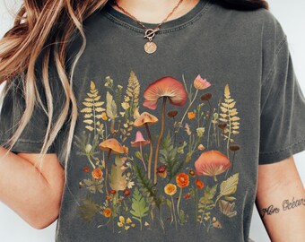 Botanical Shirt Cottagecore Tee: Wild Mushroom Print - Soft Ring-Spun Cotton, Garment Dyed, Tubular Construction