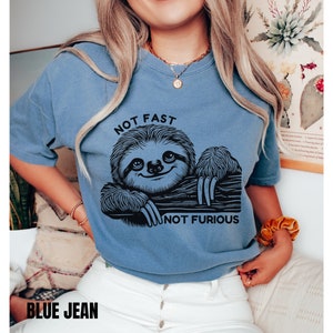 May include: A blue t-shirt with a black graphic of a sloth on a branch. The text "NOT FAST NOT FURIOUS" is printed below the sloth.