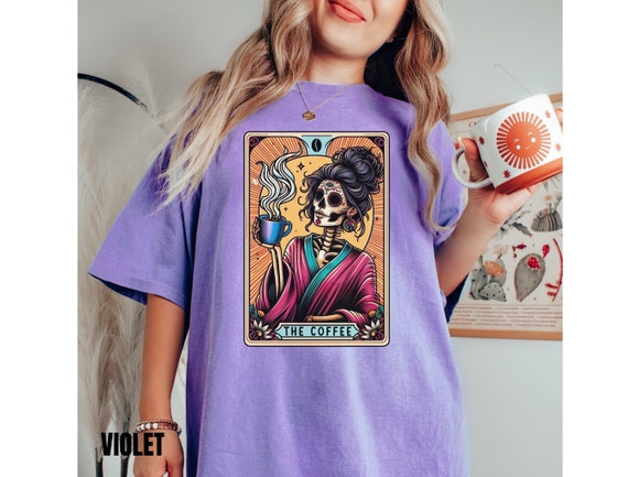Coffee Tarot Shirt - Unique Skeleton Coffee Art Tee - Soft Cotton Fabric, Double Needle Stitching, Oversized Fit Casual Wear