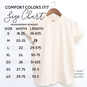 May include: Size chart for t-shirts in sizes S through 4X. Measurements are in inches. The chart shows width and length measurements for each size.
