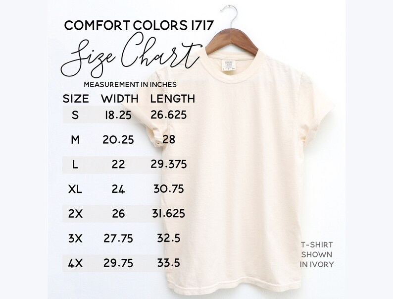May include: Size chart for t-shirts in sizes S through 4X. Measurements are in inches. The chart shows width and length measurements for each size.