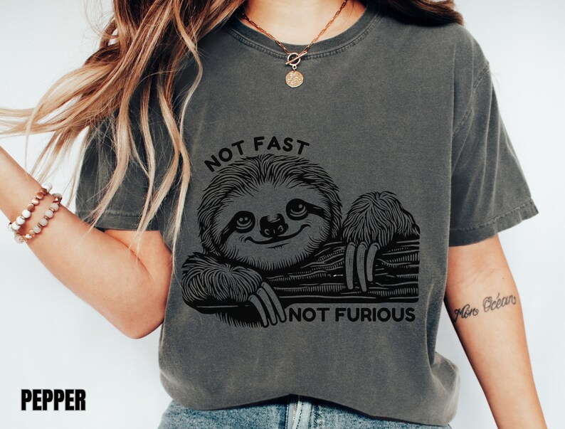 May include: A dark gray t-shirt with a black and white illustration of a sloth on a branch. The text "NOT FAST NOT FURIOUS" is printed on the shirt.