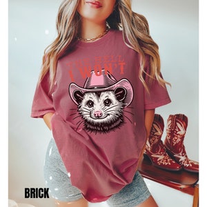 Pu&ograve; includere: Una maglietta color marsala con una grafica di un opossum che indossa un cappello da cowboy rosa. Il testo "The Hell I Won't" &egrave; stampato sulla maglietta.
